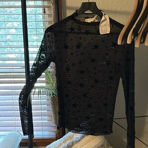 Hem & Thread Black Star Print Mesh Top NWT Size M